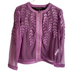 Colleen Lopez Purple Mesh Jacket Leaf Pattern and Faux Leather Women's XS NEW